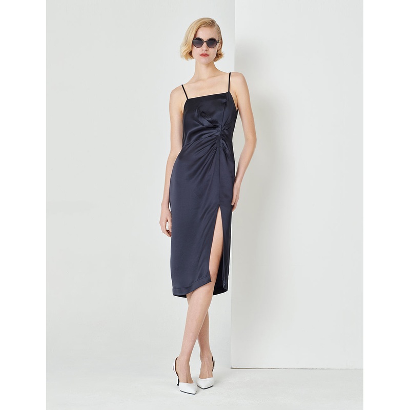 Dark Blue Pleated Slit Straight Slip Dress