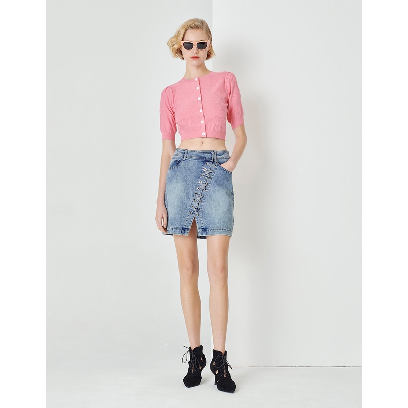 Denim Blue Asymmetric Lace-Up Denim Skirt