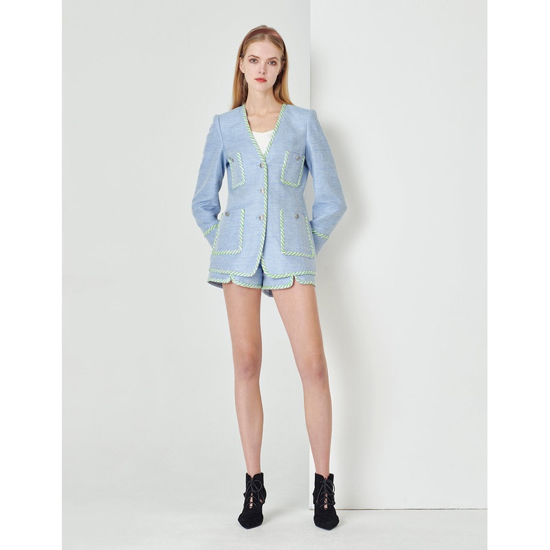 Denim Blue Colourful Lace Metal Buckle Jacket