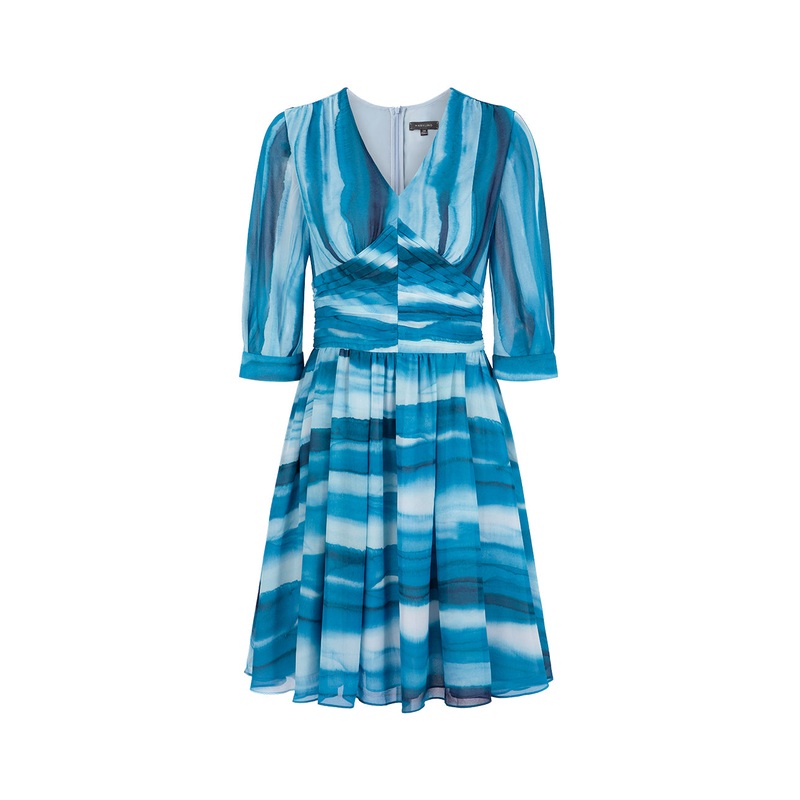 Gradient Blue Wave V Neck Pleated Print Dress