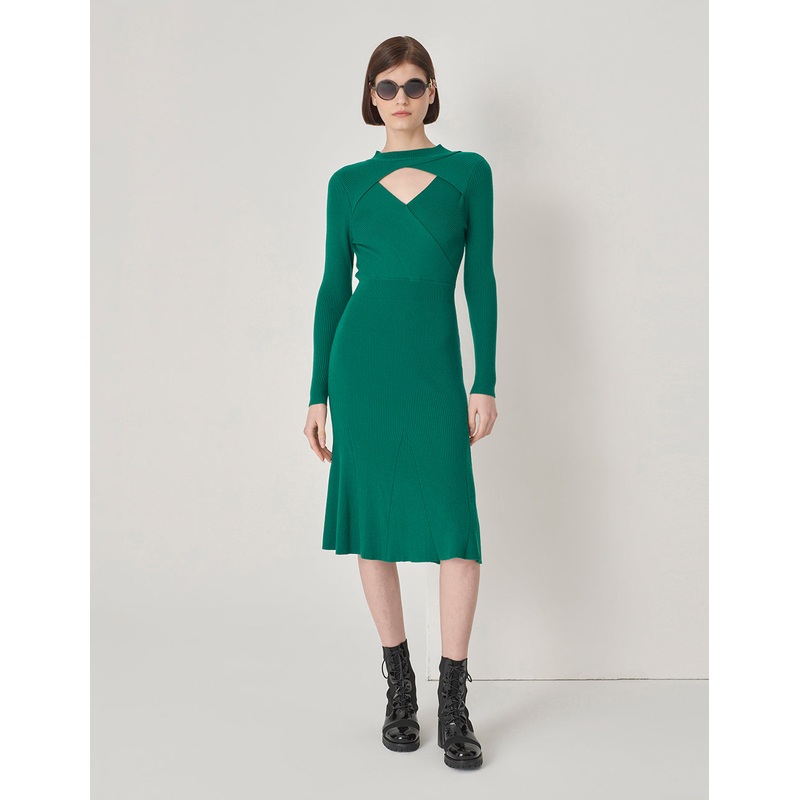 Green Half Mock Neck Crossover Mermaid Knit Dress