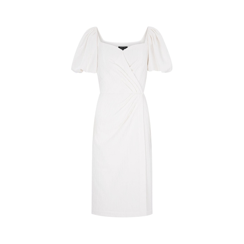 Ivory White Square Neck Bubble Sleeve Jacquard Straight Dress