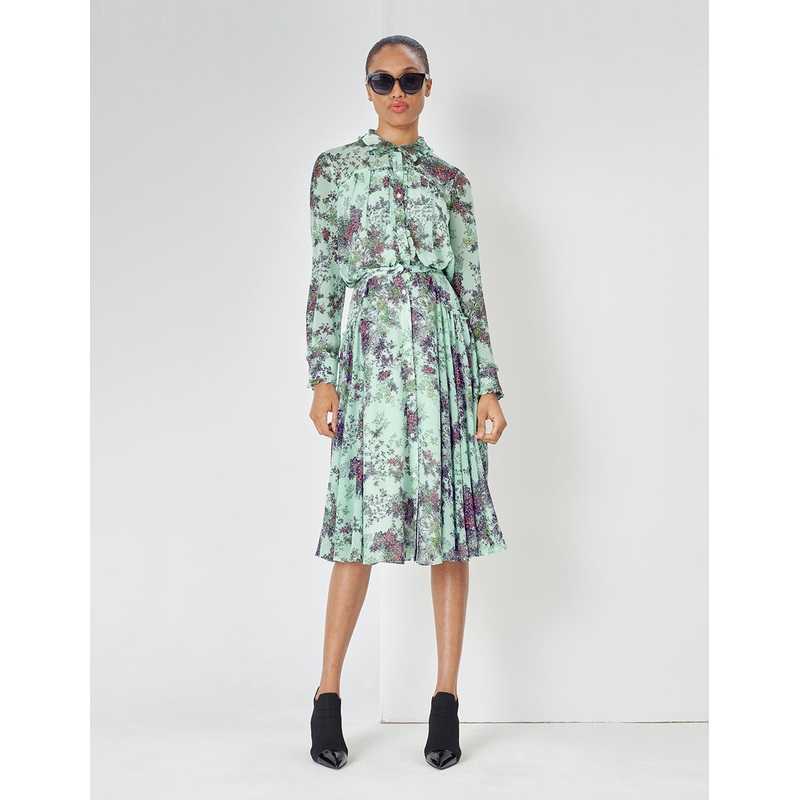 Light Green Summer Jungle Small Floral Print Skirt With Ruffle Edge