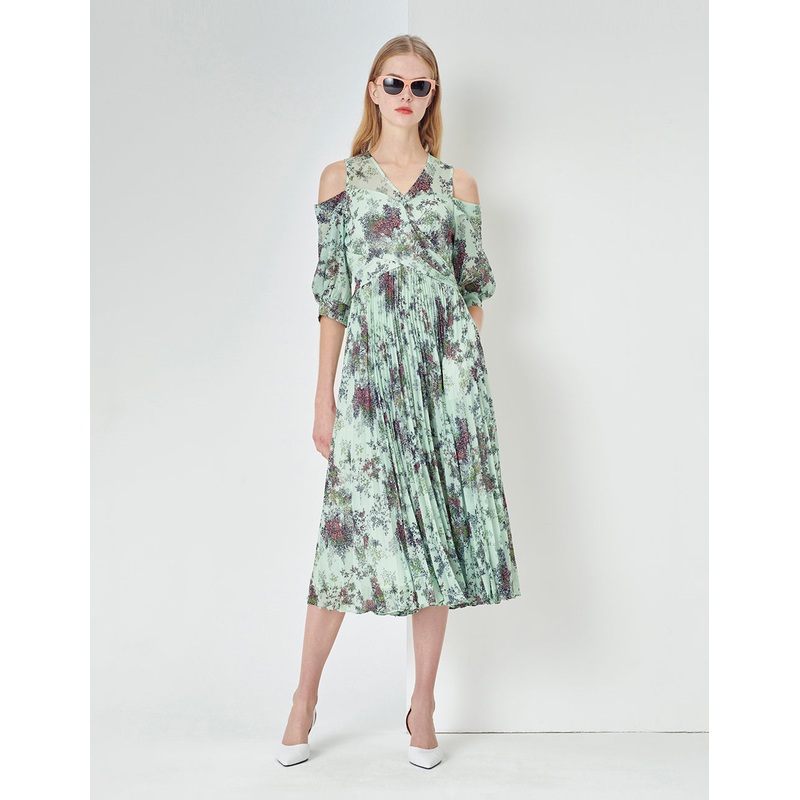 Light Green Summer Jungle V-Neck Crossed Pleated Off-Shoulder Printed Dress