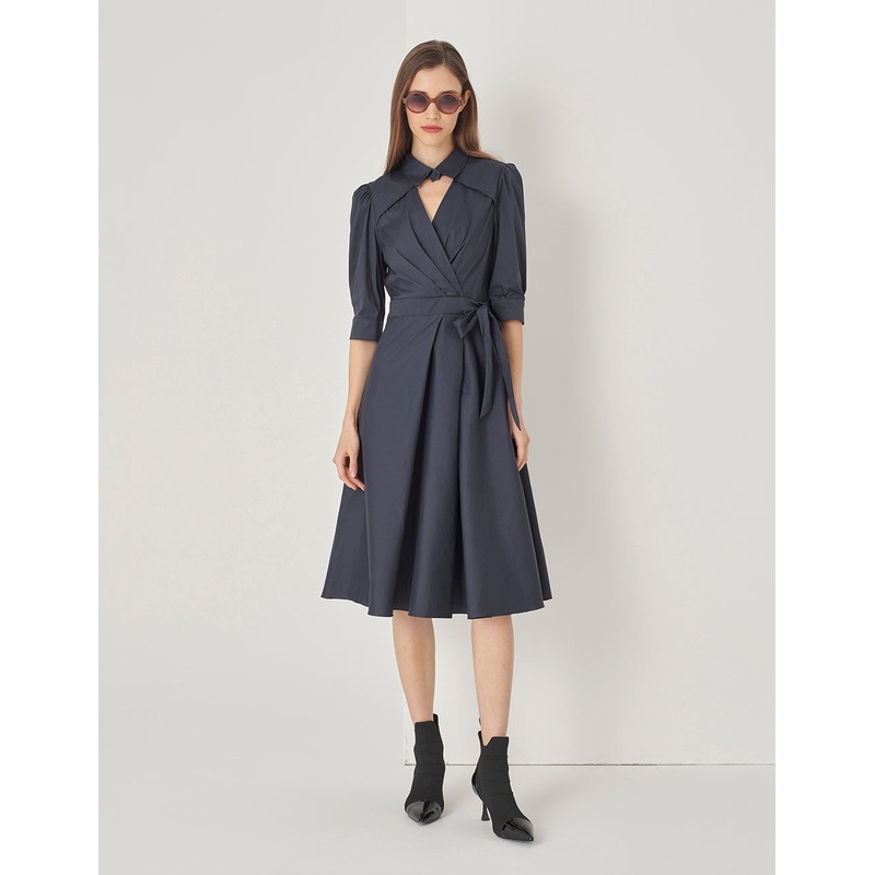 Midnight Blue Shirt Neck V-Shaped Overlap Knotted Navy Dress