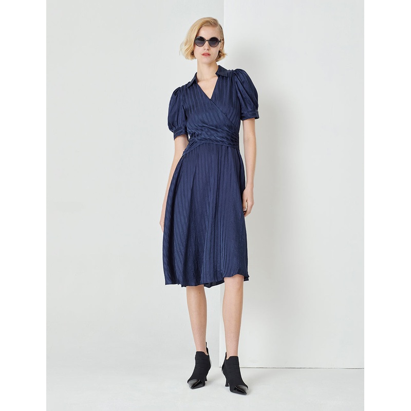 Midnight Blue V-Neck Umbrella Hem Striped Dress