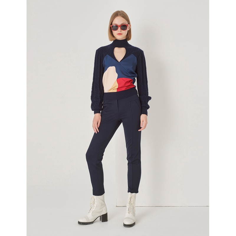 Navy Art Print Hollow Turtleneck Knit With Woven Top