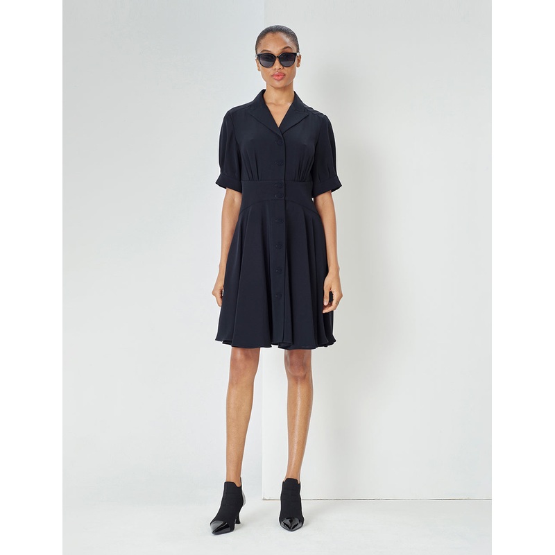 Navy Pleated Dress With Blazer Collar