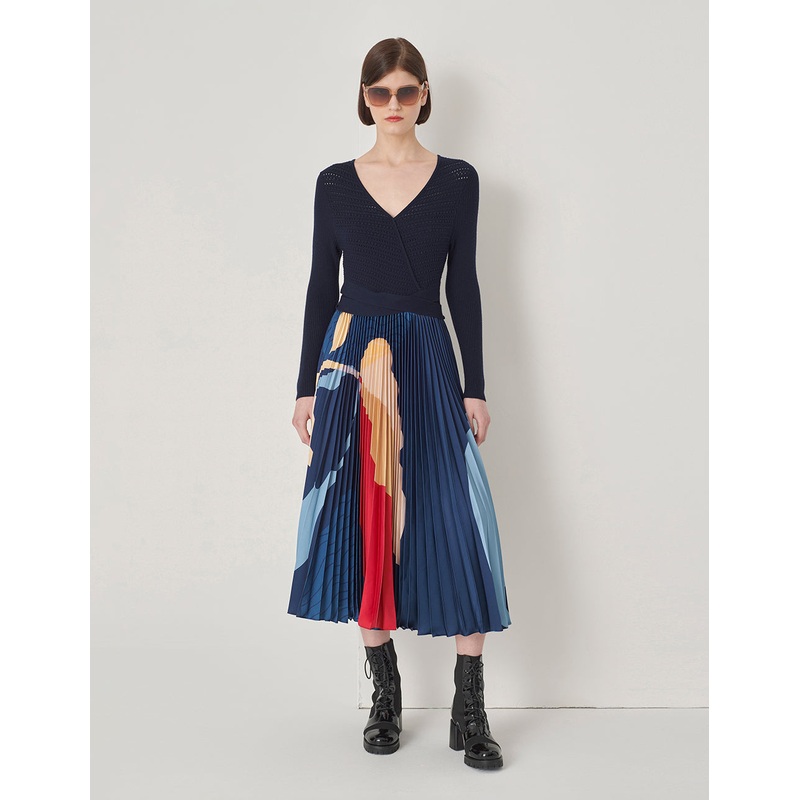 Navy Printed V-Neck Crossover Strap Pleated Knit With Woven Dress
