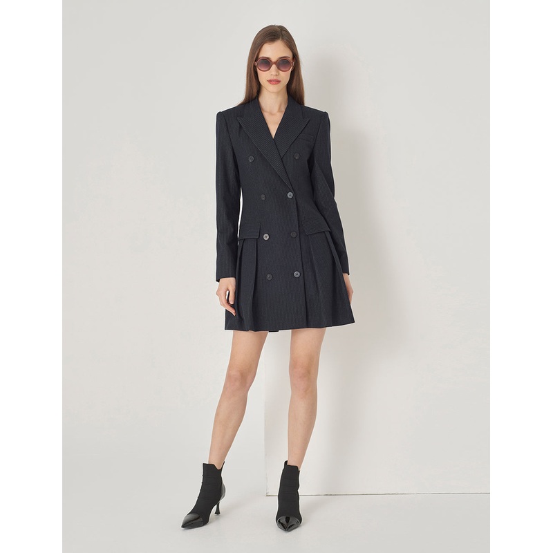Navy Striped Double-Breasted Button-Down Dress With Pointed Collar