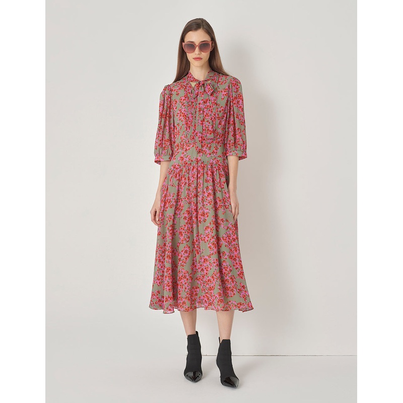 Neck Tie Waist Mid-Sleeved Dress