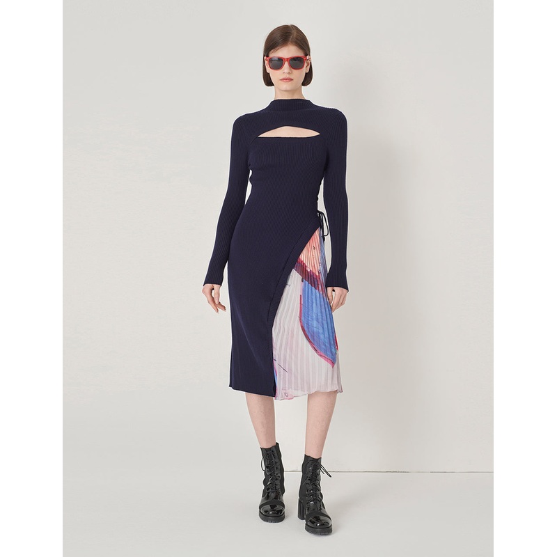 Needle-Chiffon Printed Pleated Dress