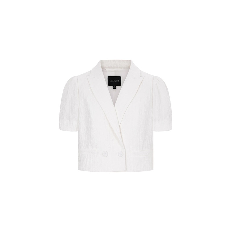 Off-White Turned Collar Short Sleeve Fitted Jacquard Jacket