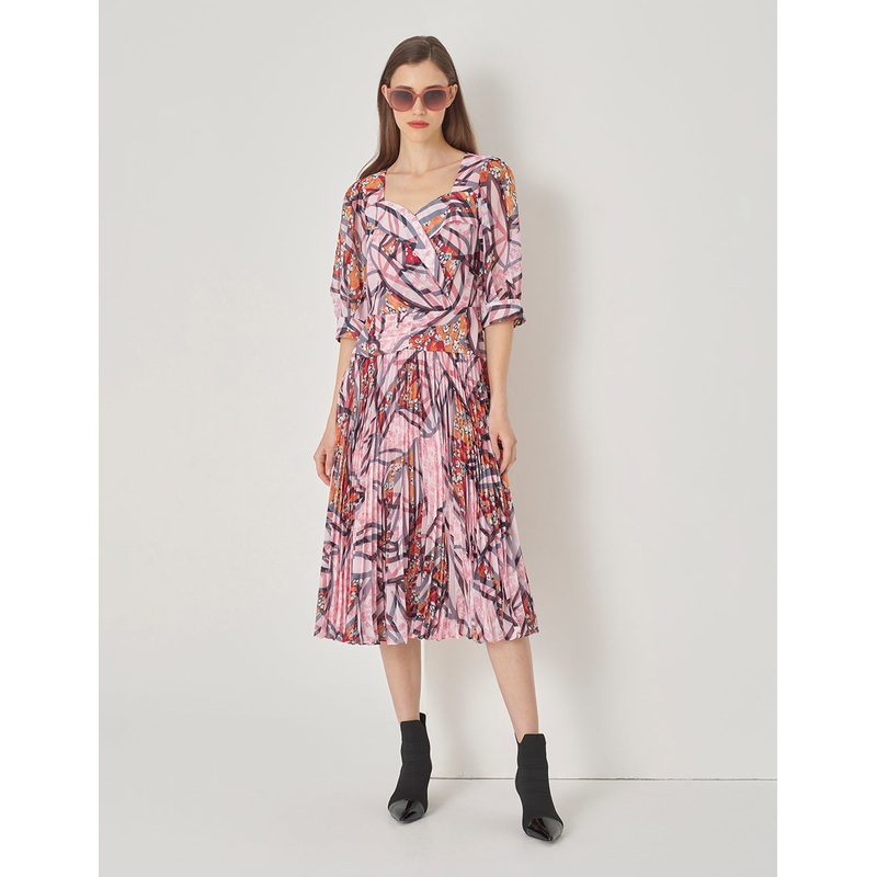 Peach Blossom Square V Neck Cross Pleated Print Dress