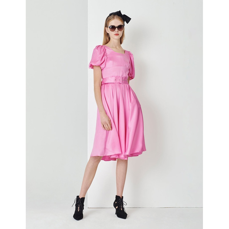 Peach Pink Square Neck Bubble Sleeve Belted Dress