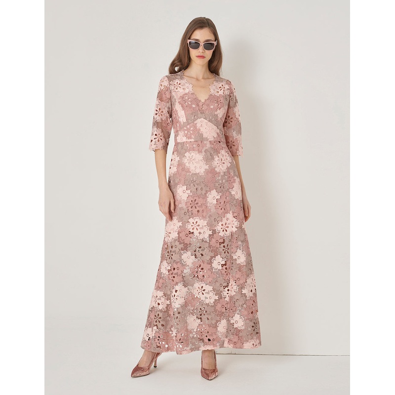 Pink V-Neck Fishtail Slit Lace Dress