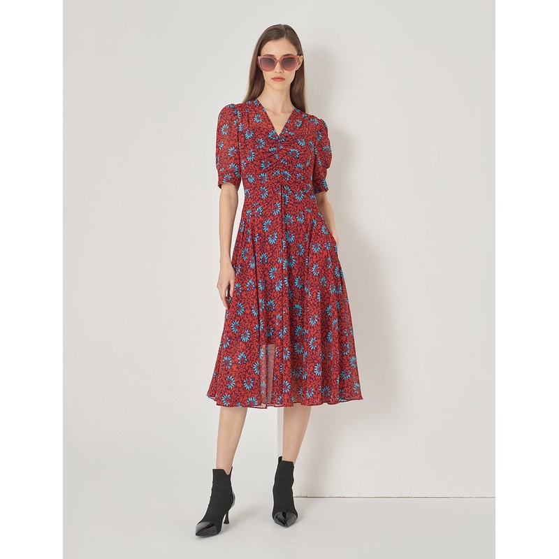 Red Floral Printed V-Neck Pleated Dress