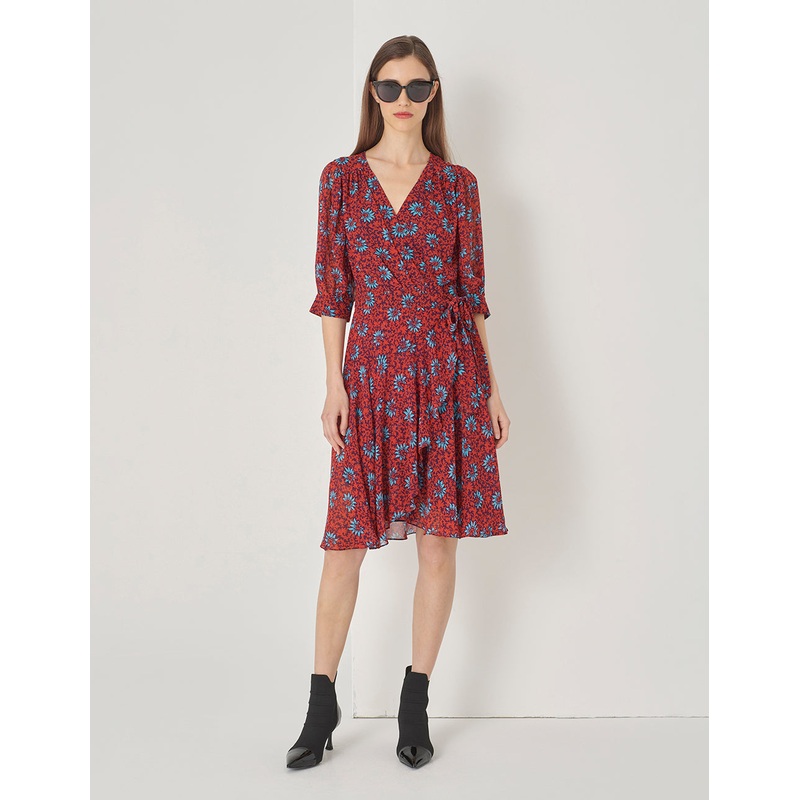 Red Floral V-Neck Puff Sleeve Lace-Up Dress