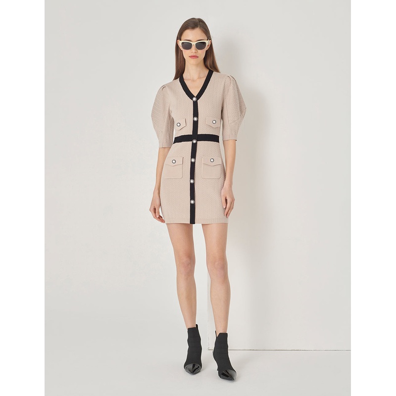 Sand Colour Contrast V-Neck Long Sleeve Knit Dress