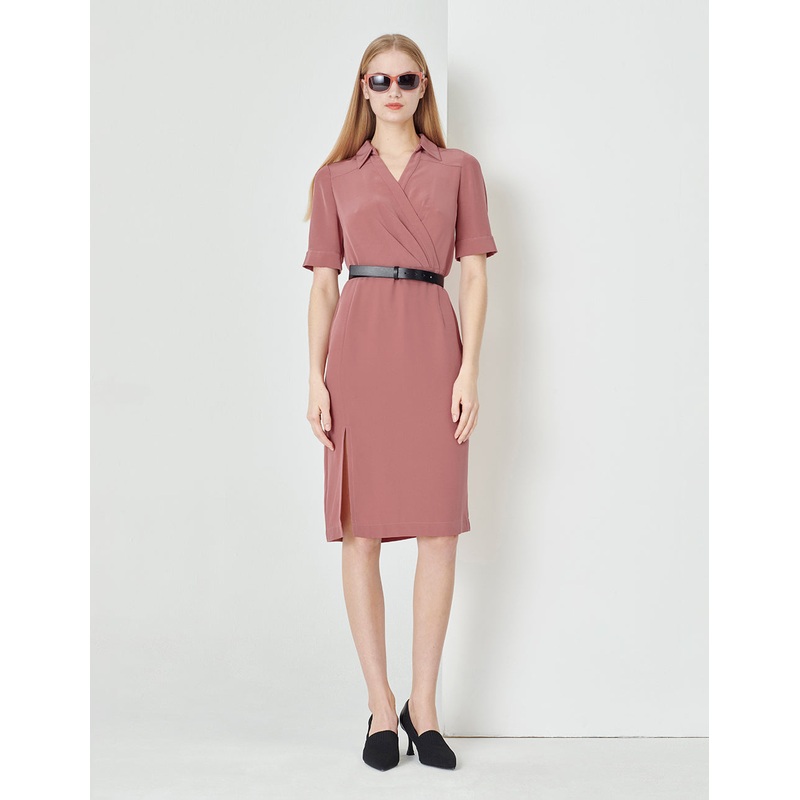 Shirt Collar Pleated Straight Slit Dress