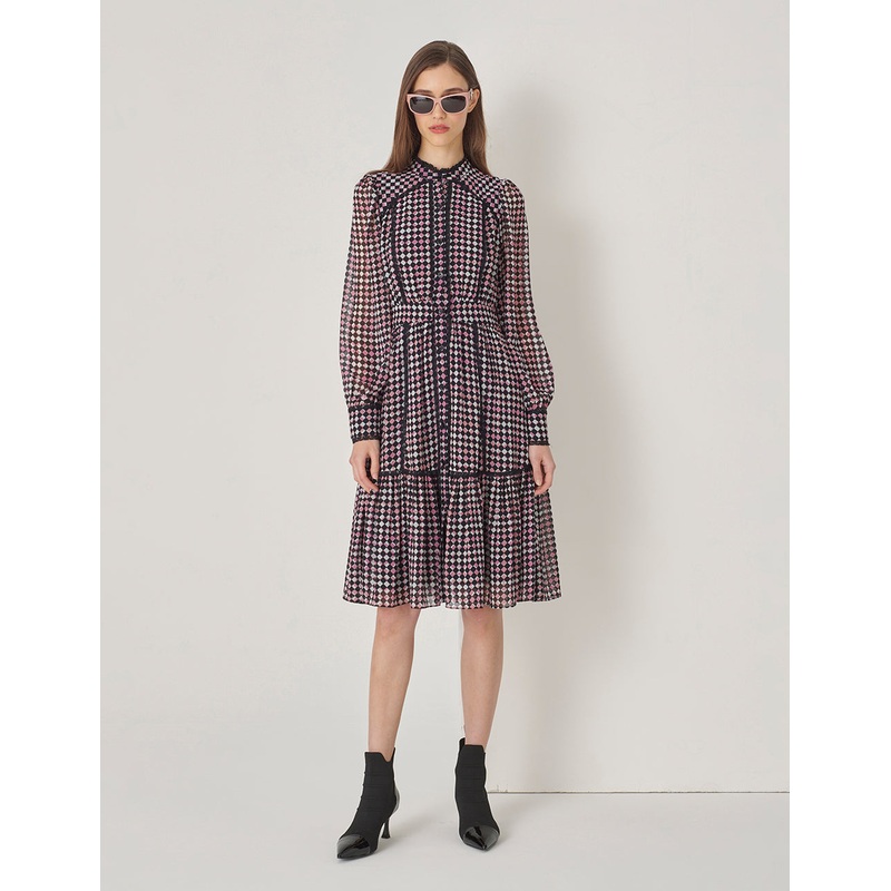 Small Stand Collar Paneled Lace Pleated Dress