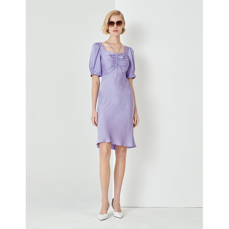 Taro Purple Small Shoulder Strap Shirred Short-Sleeved Dress