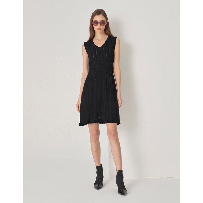 V-Neck Vest Hollow Pattern Knitted Dress