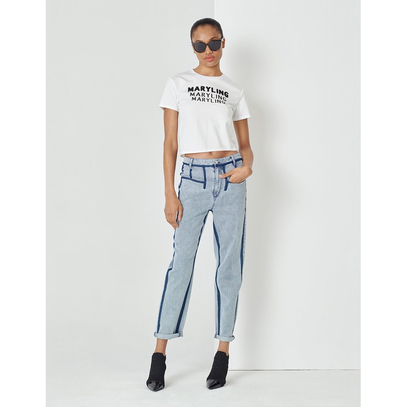 White Beaded Logo Cropped T-Shirt