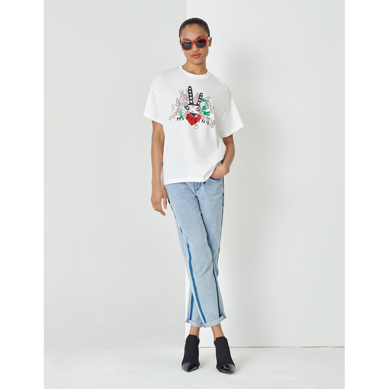 White Rabbit Print Loose Fit Short Sleeve T-Shirt