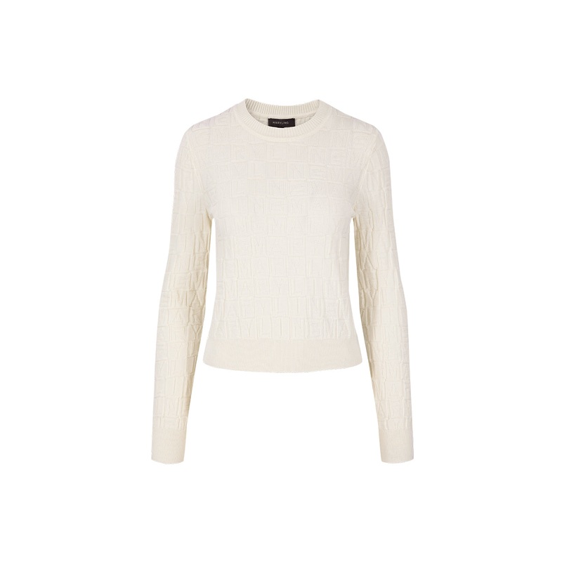 White Round Neck Logo Long-Sleeve Knitted Sweater
