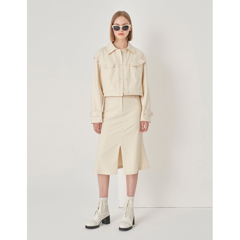 White Slanted Pocket Cropped Jacket
