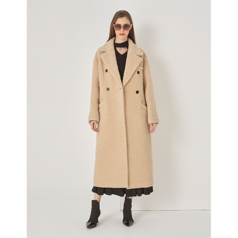 Beige Large Lapel Double-Breasted Coat
