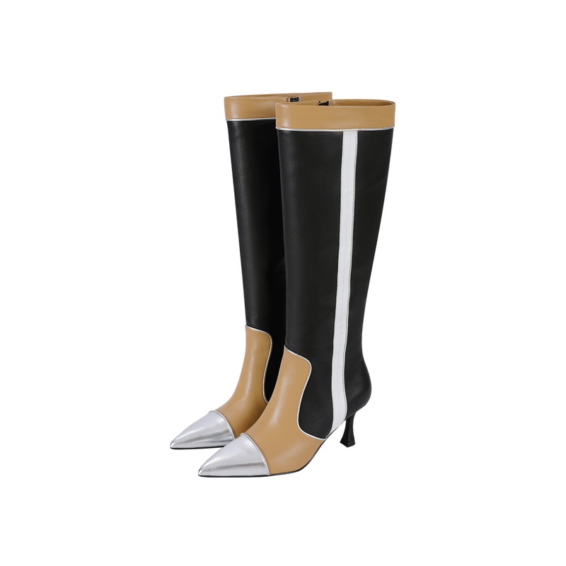 Black And Beige Colour Matching Pointed Toe Stiletto Heeled Sheepskin Boots