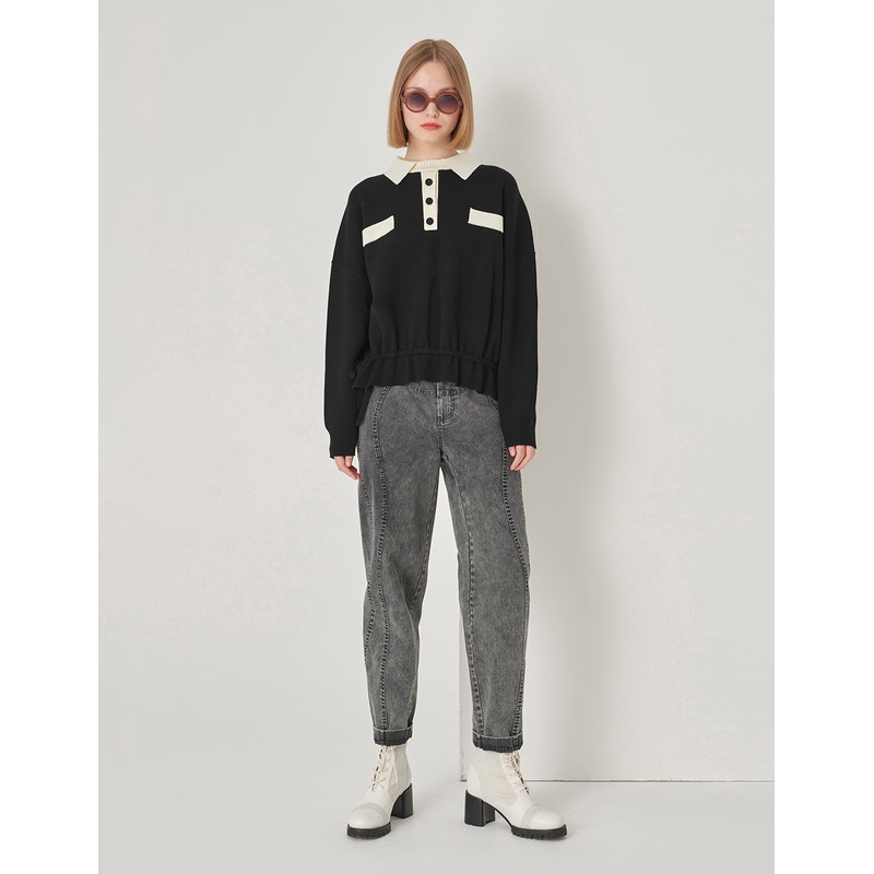 Black And White Contrast T-Shirt Collar Knitted Pullover