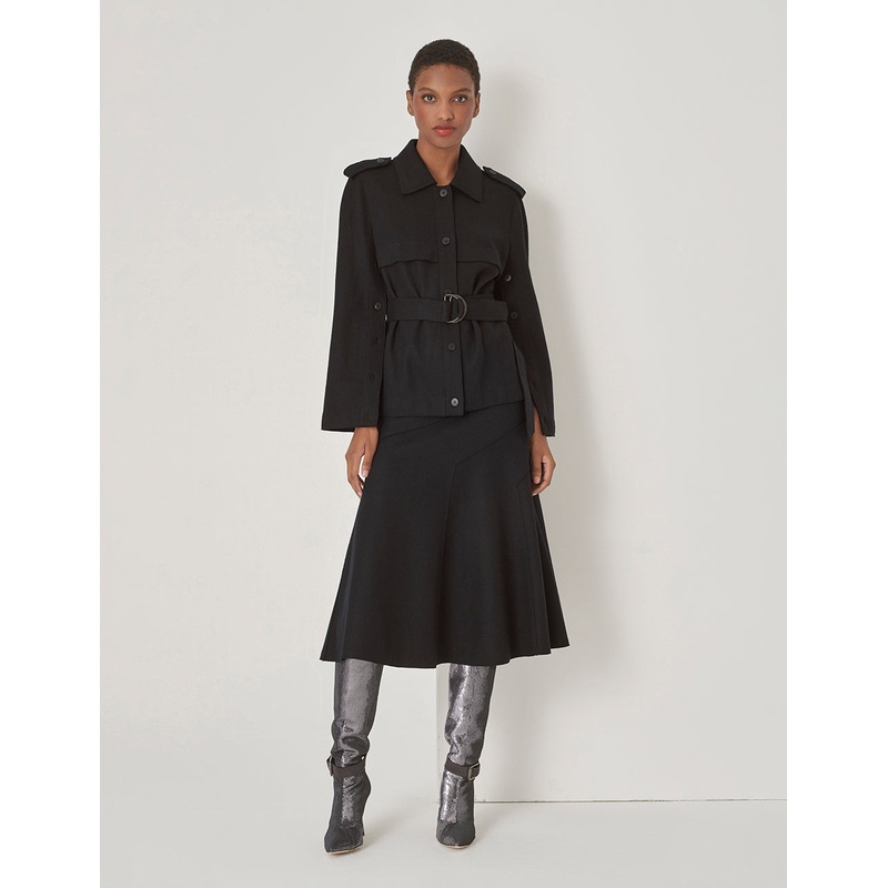 Black Button-Sleeve Detail Belted Jacket