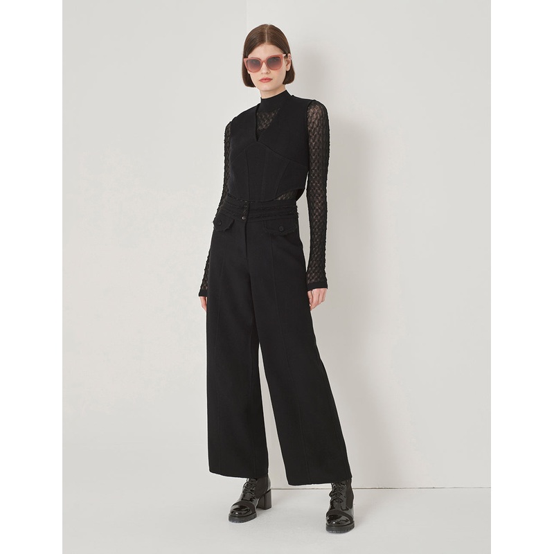 Black Cropped Wide-Leg Pants With Pleated Waist