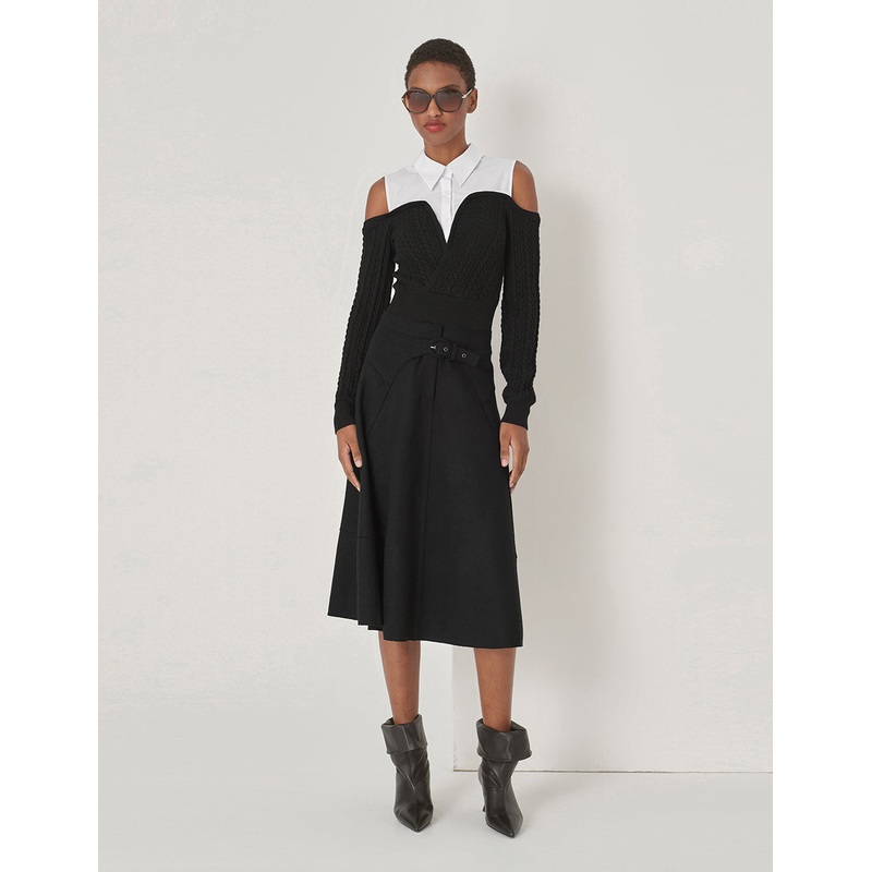 Black Curved Waist Split A-Hem Skirt