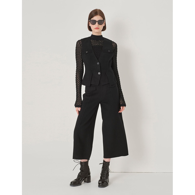 Black Double-Sided Woolen Eight-Quarter Wide-Leg Pants