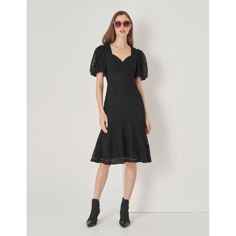 Black Puff Sleeve Fishtail Lace Dress