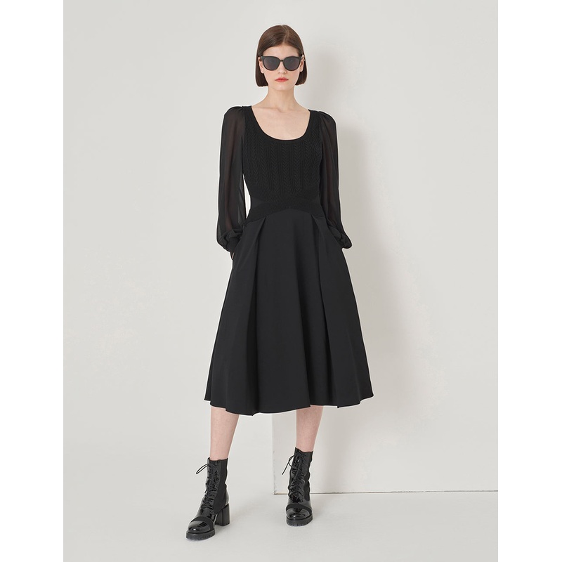 Black Square Neck Knitted Patchwork Georgette Sleeve Dress