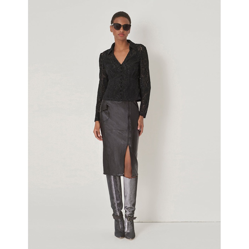 Black V-Neck Fitted Lace Bouse