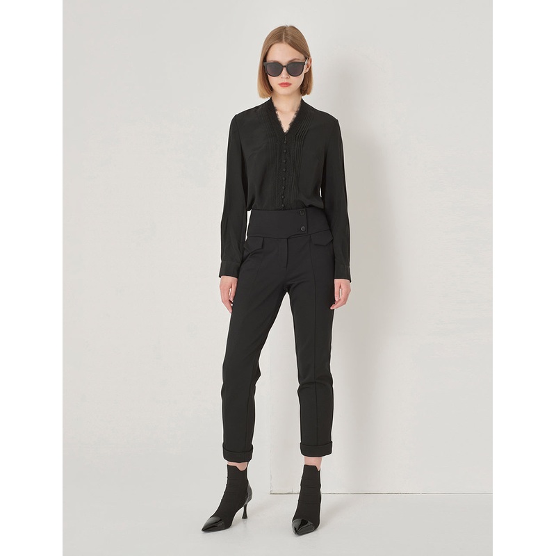 Black Wide-Waisted Decorative Slim Fit Stretch Pants