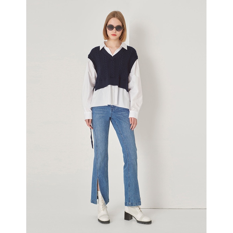 Blue And White Contrast Knit Woven Matching Sweatshirt