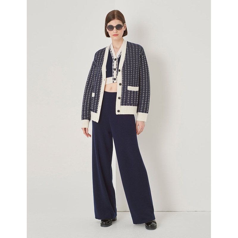 Blue And White Contrast Knitted Cardigan