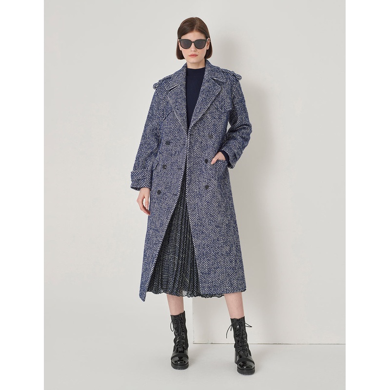 Blue And White Patterned Lapel Double-Breasted Coat