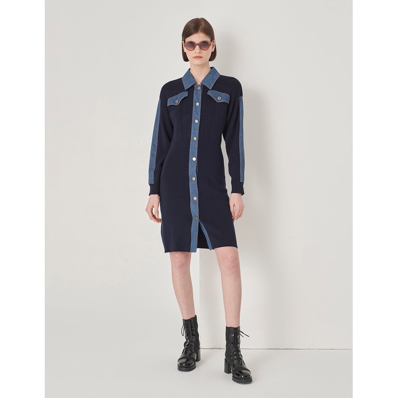 Blue Knit Woven Dress