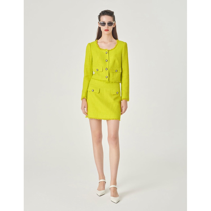 Bright Yellow Crew Neck Tassel Detail Tweed Short Jacket