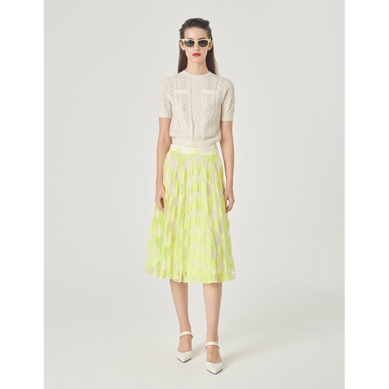 Bright Yellow Lace Pleated Skirt