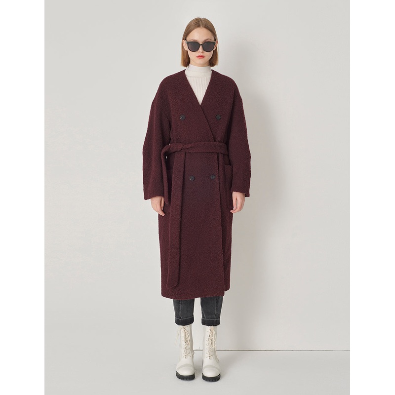 Burgundy Collarless Lantern Sleeve Coat