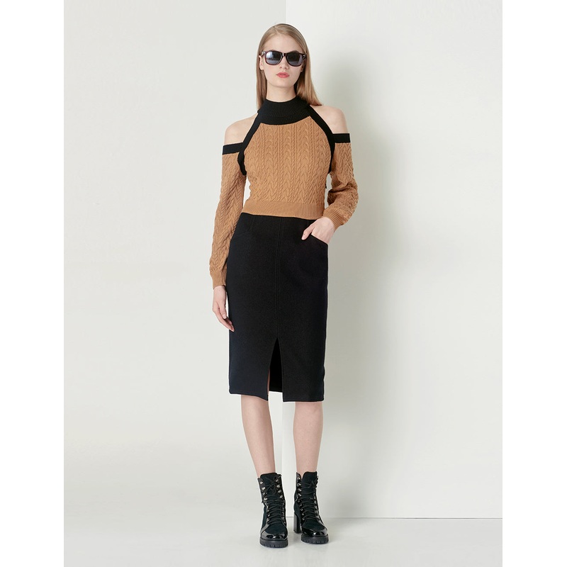 Camel Off-The-Shoulder Contrast Knitted Wool Dress